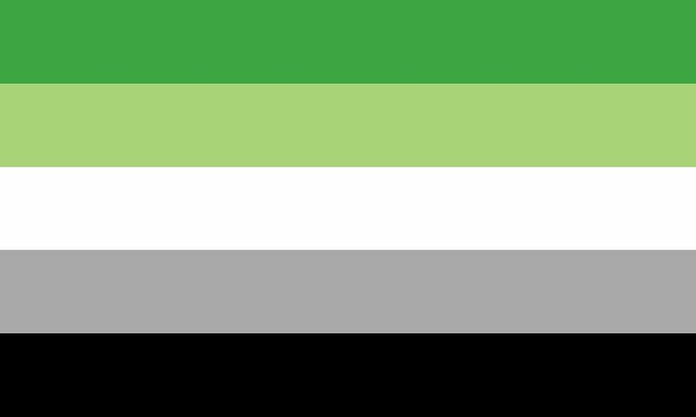 Aromantische Flagge: Von oben nach unten: grün, hellgrün, weiß, grau und schwarz.